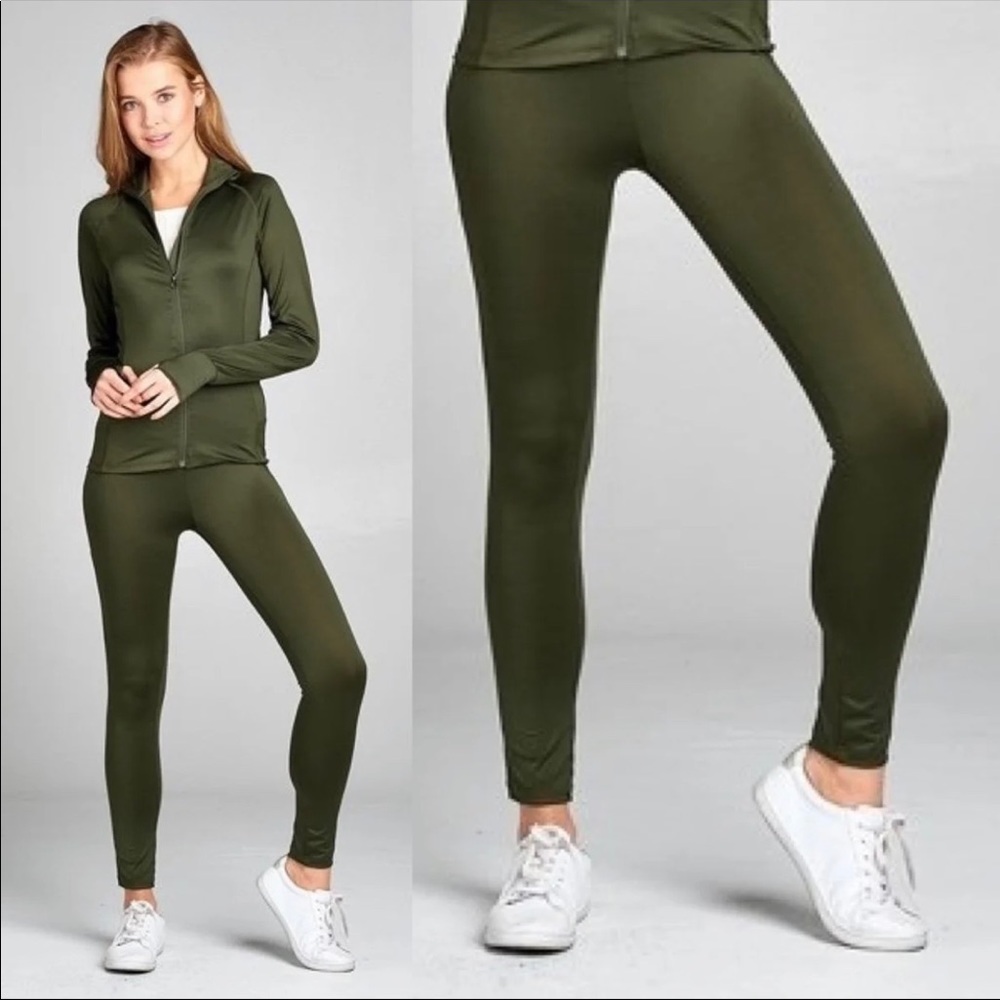 Elastic Waistband Solid Green Legging